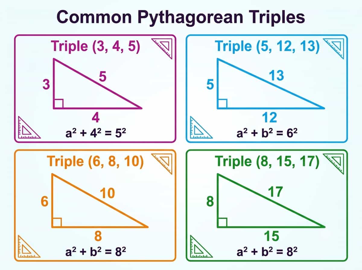 Infographic illustrating common whole number Pythagorean triples including 3-4-5, 5-12-13, 6-8-10, and 8-15-17