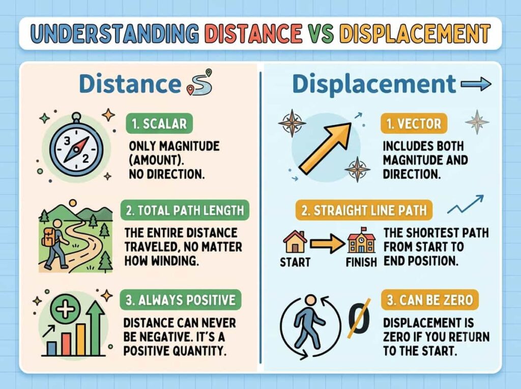 Infographic comparing distance as a scalar quantity with displacement as a vector quantity for physics students
