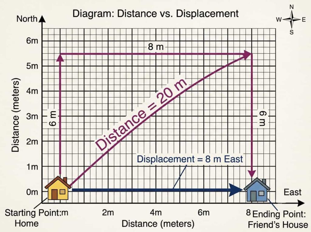 Diagram showing distance of 20 metres travelled along a scenic route versus displacement of 8 metres east in a straight line