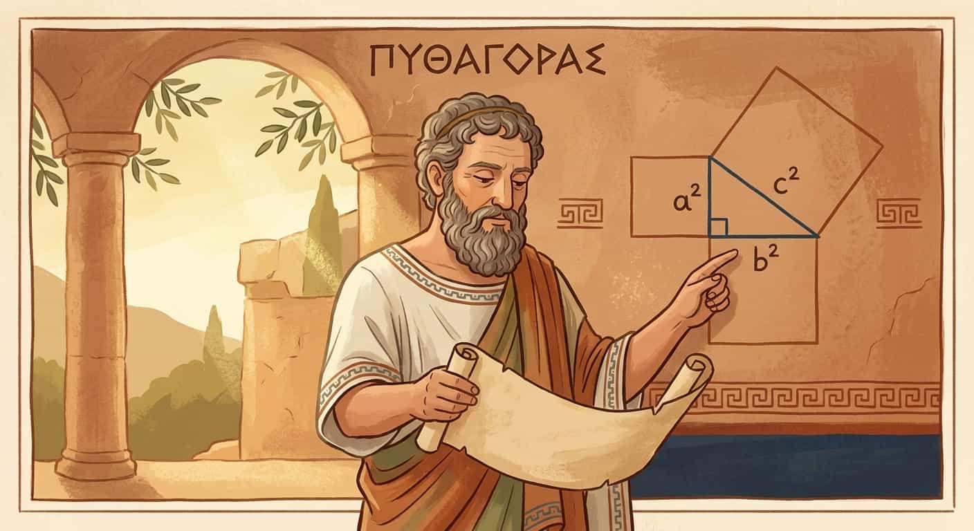 Artistic historical portrait representation of Greek mathematician Pythagoras of Samos demonstrating triangles on a stone wall