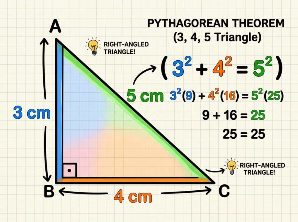 Diagram showing a right-angled triangle with sides 3 cm, 4 cm, and hypotenuse 5 cm, demonstrating Pythagoras' theorem formula