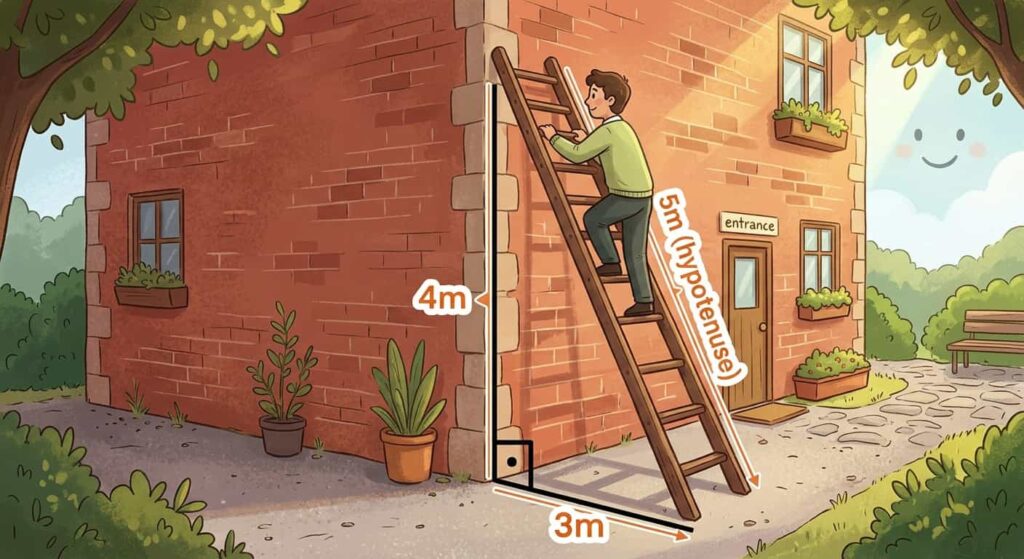 Illustration of a ladder leaning against a wall forming a right-angled triangle with measurements 3m, 4m, and 5m